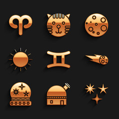 Set Gemini zodiac, Astronomical observatory, Falling star, Comet falling down fast, Magic ball, Sun, Moon and Aries icon. Vector