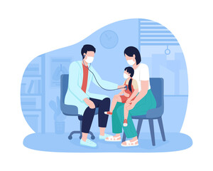 Annual pediatric visit 2D vector isolated illustration. Checking child vitals flat characters on cartoon background. Children health care. Formal developmental screening colourful scene