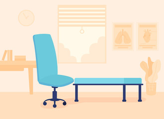 Furnished psychotherapy room flat color vector illustration. Therapeutic practice. Place for talking to patients. Doctor consultation office 2D cartoon interior with sofa-bed and chair on background