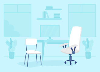 Consulting room in health facility flat color vector illustration. Office room furniture. Performing administrative work. Chairs and computer desk 2D cartoon interior with medical clinic on background