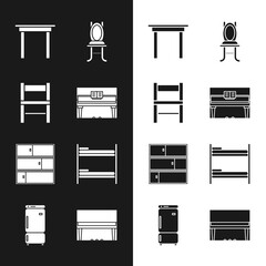 Set Grand piano, Chair, Wooden table, Shelf, Bunk bed, and Refrigerator icon. Vector