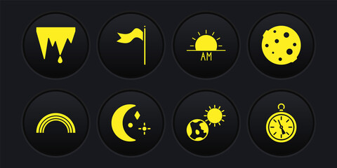 Set Rainbow, Moon, and stars, Earth globe sun, Sunrise, Meteorology windsock wind vane, Compass and Icicle icon. Vector