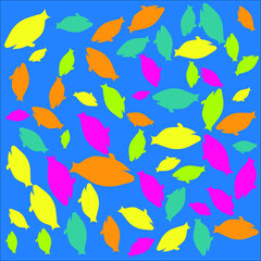 pattern with painted colorful fishes. Can be used for wallpaper, textiles, packaging, cards, covers. Small colorful fish on a blue  background.