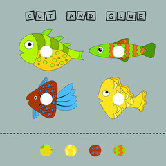 Developing an activity for children, the task is to cut and glue a piece on colorful cute fishes . Logic game for children.