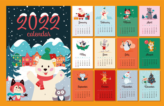 2022 year calendar template with winter Christmas cover, cozy night village landscape, cute polar bear in hat, fox in scarf, owl animals characters. Vector flat cartoon illustration.