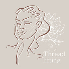 Line art. The girl's face is drawn with one line. Thread lifting. Logo Cosmetology. Vector