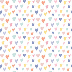 Obraz premium Cute simple childish seamless pattern with hand drawn watercolor rainbow colors hearts on white backdrop. Sweet vector background. Children textile, fabric, print, wrapping paper, texture, surface.