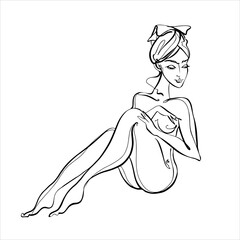 Naklejka premium Line art. A beautiful girl is drawn with one line. Black and white. Fitness. Vector