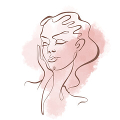 Line art. The girl's face is drawn with one line. Cosmetology logo. Beauty salon.On a watercolor spot. Vector