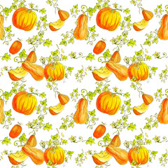 Watercolor, Seamless, paper, pattern, Pumpkins, orange autumn pumpkin fruits.The background is seamless paper.