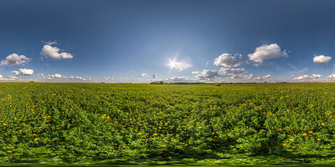 full seamless spherical hdri panorama 360 degrees angle view on among green farming fields in summer day with awesome clouds in equirectangular projection, ready for VR AR virtual reality content