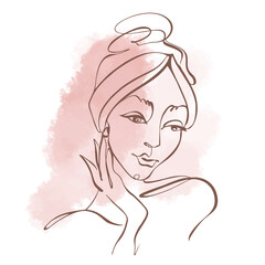 Line art. The girl's face is drawn with one line. Cosmetology logo. Beauty salon.On a watercolor spot. Vector