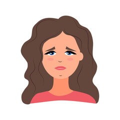 A sad young woman in a flat style. Avatar is a frustrated brunette girl. Vector illustration