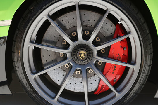 Modena, Italy, july 1 2021 - Lamborghini Aventador SVJ sport car wheel detail, Motor Valley Exhibition