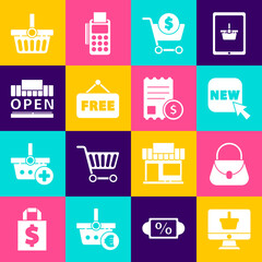 Set Monitor with shopping basket, Handbag, Button text New, Shopping cart dollar, Price tag Free, building open, and Paper check financial check icon. Vector