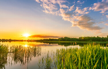 Scenic view at beautiful sunset with reflection on a shiny lake with green reeds, grass, golden sun rays, calm water ,deep blue cloudy sky and glow on a background, spring evening landscape