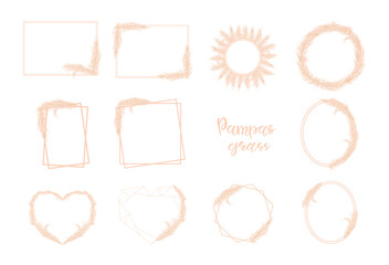 Dry pampas grass set of frames on a white background. Selloana. Soft pink color. Template for a wedding card.Hand drawn vector illustration