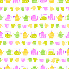 seamless pattern consisting of multi-colored teapots and cups. vector image.