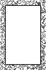 Frame of hand-drawn objects in black on a feminine theme on a white background
