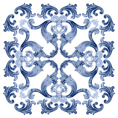 Azulejos - Portuguese tiles blue watercolor pattern. Traditional tribal ornament. Vector imitation of ceramics