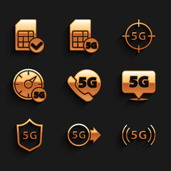 Set Phone with 5G network, Location, Protective shield, Digital speed meter, and Sim card icon. Vector