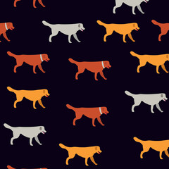 SEAMLESS PATTERN With silhouettes of multicolored dogs on a black background in the flat style.vector illustration