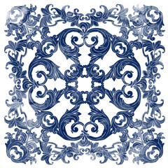 Azulejos - Portuguese tiles blue watercolor pattern. Traditional tribal ornament. Vector imitation of ceramics