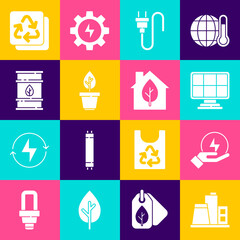 Set Factory, Lightning bolt, Solar energy panel, Electric plug, Plant pot, Bio fuel barrel, Recycle and Eco friendly house icon. Vector