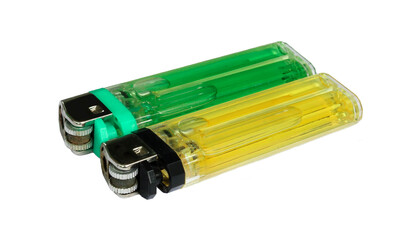 Green & Yellow plastic gas lighter isolated on white background