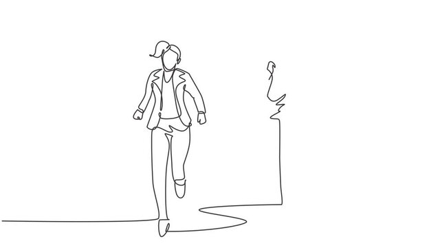 Self drawing animation of single line draw female workers try to beat each others at competition with her friend. Business running competition concept continuous line draw. Full length animated.