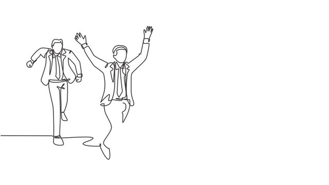 Self drawing animation of single line draw male female worker happy after winning cross finish line beating his friends. Business running competition concept continuous line draw. Full length animated