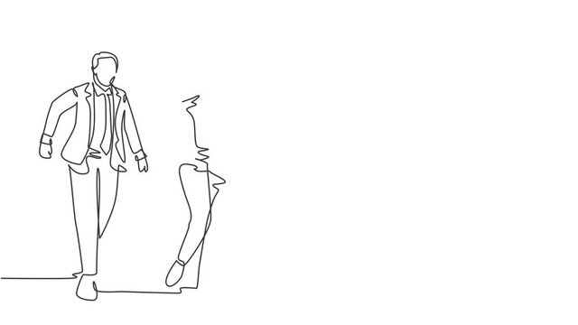 Animated self drawing of continuous line draw young male and female manager join run competition on running track to reach finish line. Business sprint race concept. Full length single line animation.