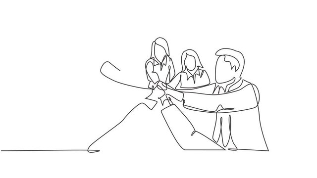 Self drawing animation of single line draw happy male and female business people unite their hands together to form a circle shape. Teamwork unity concept continuous line draw. Full length animated.