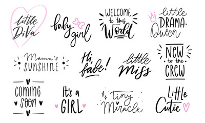 Collection of hand written lettering quotes for baby girl. Birth announcement phrases set. - 447065516