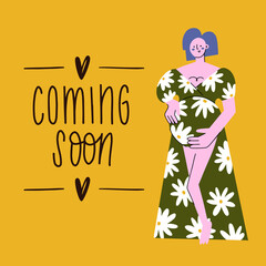 Flat vector illustration of a happy pregnant woman with a belly, hand written lettering - Coming soon. Abstract style isolated cartoon character. - 447065551