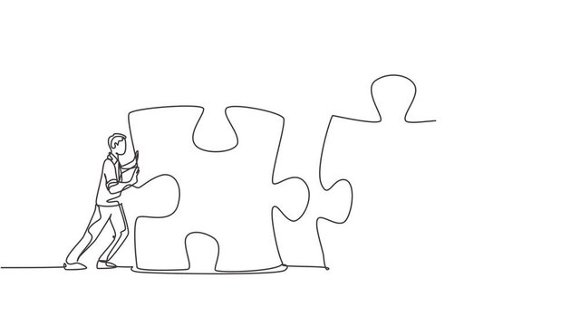 Animated self drawing of one continuous line draw two young businessmen push puzzle pieces to unite them sign to start business collaboration. Unity teamwork concept. Full length single line animation