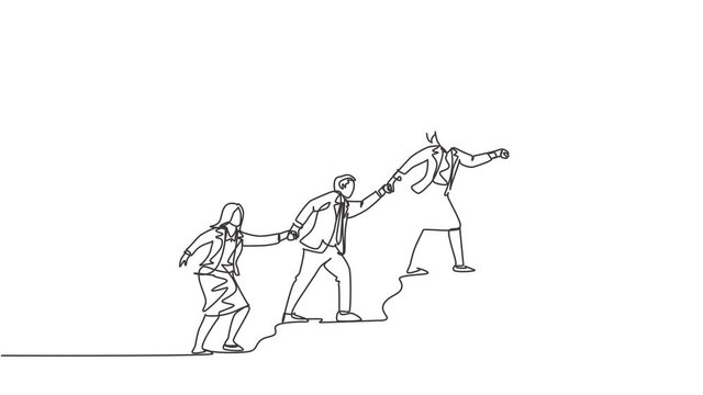Animated self drawing of one continuous line draw male and female team member stick together follow their leader who holds flag to reach top hill. Teamwork concept. Full length single line animation.