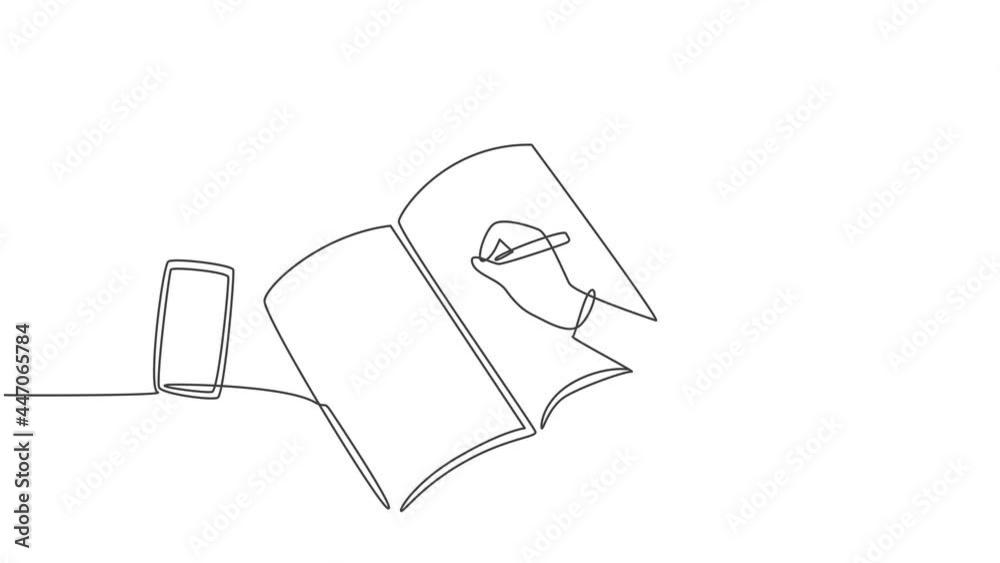 Poster animated self drawing of single continuous line draw hand gesture writing on an open book beside a c