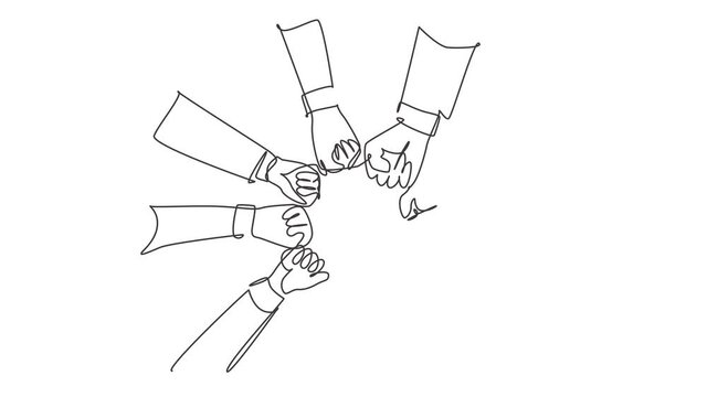 Animated self drawing of single continuous line draw group of young business people unite their hands together to form a circle shape as unity symbol. Teamwork concept. Full length one line animation.