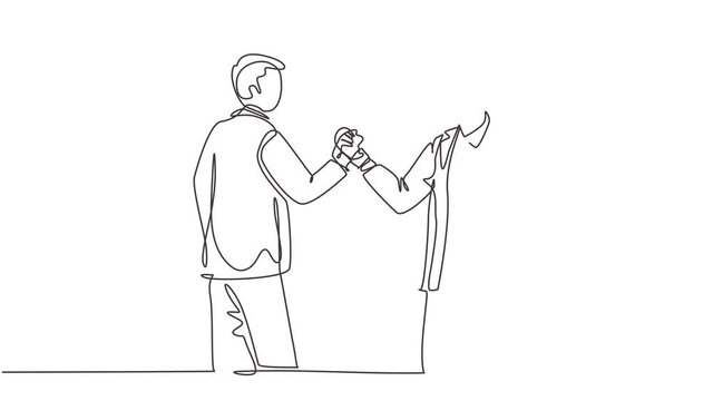 Self drawing animation of single line draw two happy business men holding their hands together to mark the commencement of a joint project. Teamwork concept continuous line draw. Full length animated.