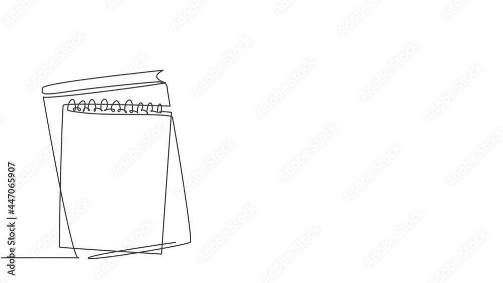 Poster animated self drawing of single continuous line draw notebook or notepad with a pencil above work de