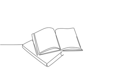 Animated self drawing of single continuous line draw hand gesture writing on an open book beside a cup of coffee at work desk. Writing draft business concept. Full length one line animation. - Powered by Adobe