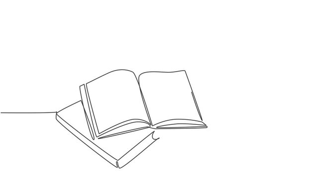 Animated self drawing of single continuous line draw hand gesture writing on an open book beside a cup of coffee at work desk. Writing draft business concept. Full length one line animation.
