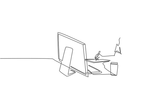 Self drawing animation of single line draw female employee works overtime to finish writing company draft business proposal. Business agreement concept continuous line draw. Full length animated.