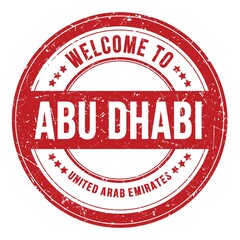 WELCOME TO ABU DHABI - UNITED ARAB EMIRATES, words written on red stamp