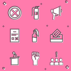 Set X Mark, Cross in circle, Fire extinguisher, Megaphone, Poll document, Cocktail molotov, Vote box, Stage stand or tribune and Raised hand with clenched fist icon. Vector