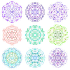 Mixed set of circular abstract elements on a white background.