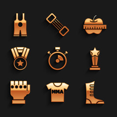 Set Stopwatch, T-shirt with fight club MMA, Sport boxing shoes, Award cup, glove, Medal, Apple and measuring tape and Wrestling singlet icon. Vector