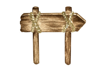 watercolor illustration. hand drawing. vintage wooden road pointer signboard banner. design for decor postcards, cards, background.