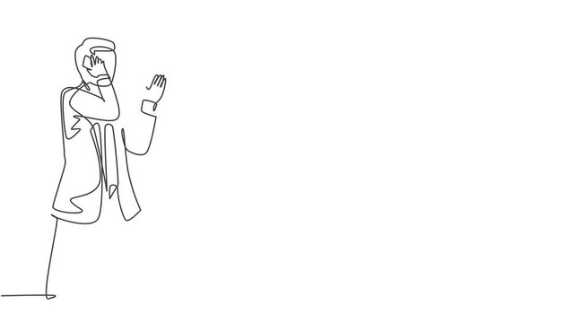 Self drawing animation of one single line draw young male startup CEO walking holding smartphone to receive call from his colleague. Business talk concept continuous line draw. Full length animated.